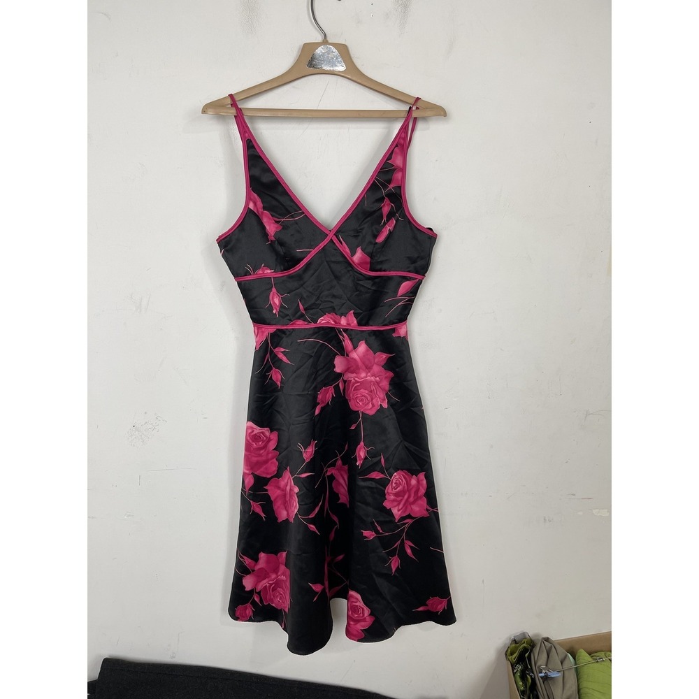 NIKI by Kiki Zivas Womens Dress 2‎ Black Pink Floral Retro Pinup Roses Romantic